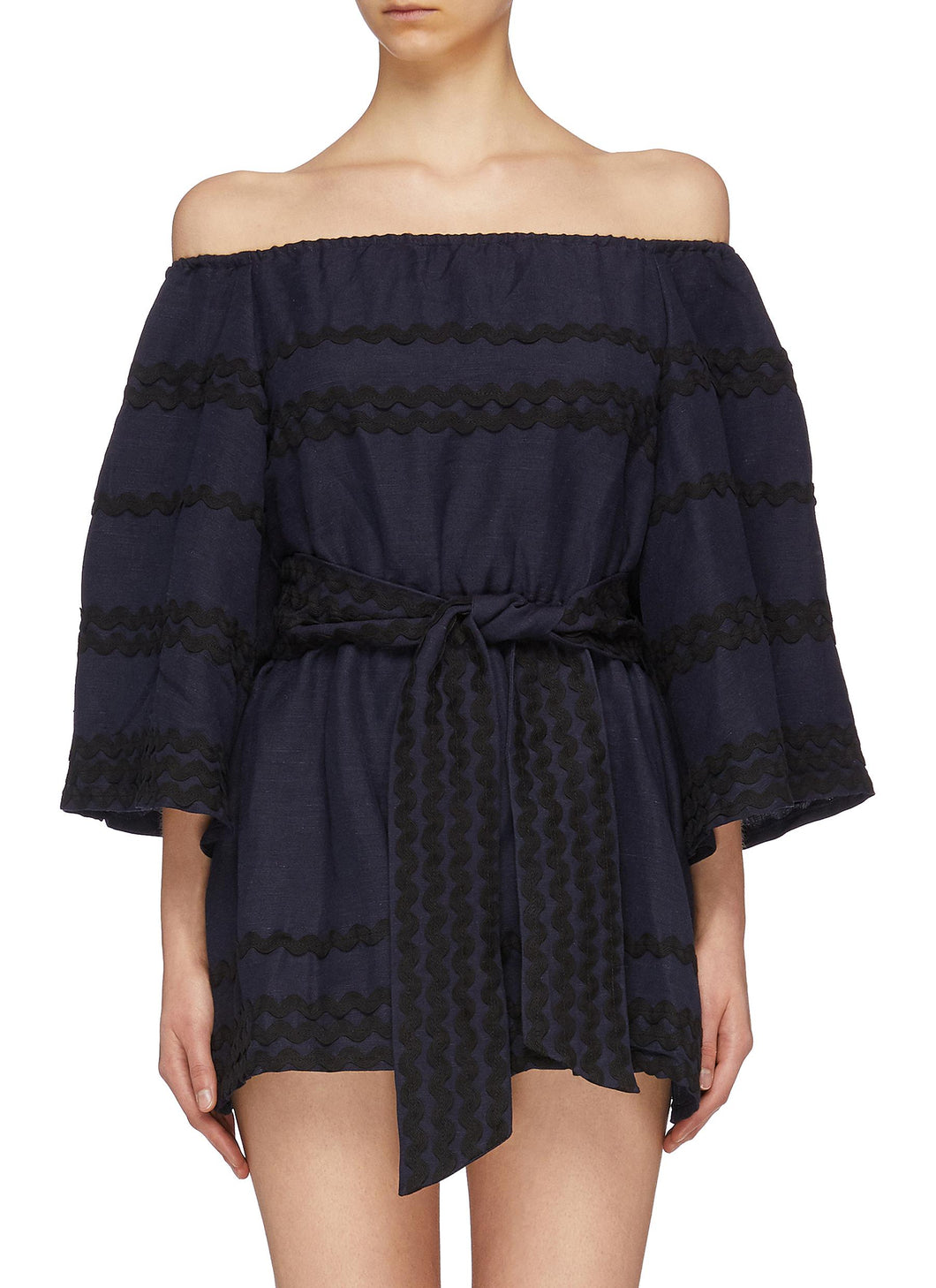 'Incise' ric-rac stripe linen off-shoulder rompers - C/MEO COLLECTIVE - Multi-colour