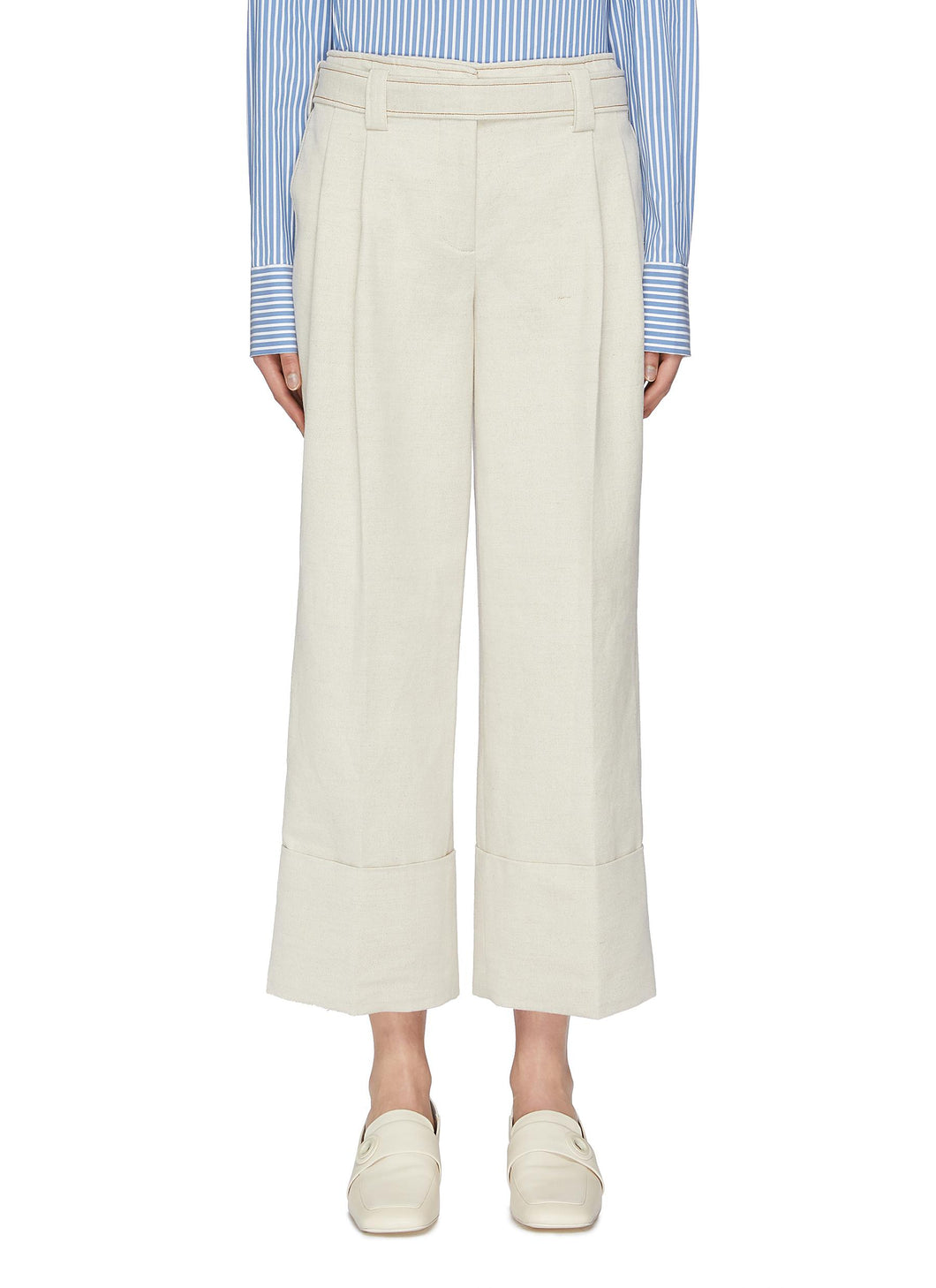 Belted contrast topstitching linen-cotton culottes - Cédric Charlier - White